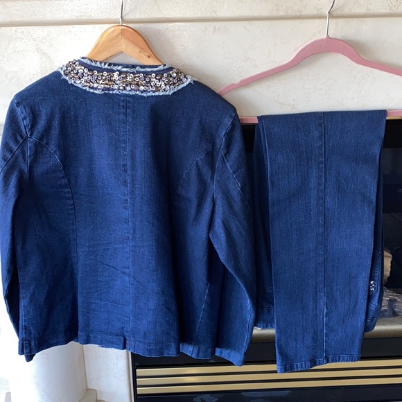 Draper’s and Damon’s Cotton & Spandex Denim Pants Suit Sparkles Beading - Picture 2 of 16